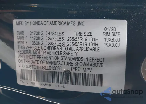 2020 Acura Rdx Standard из США, поврежденный, VIN 5J8TC1H38LL015696